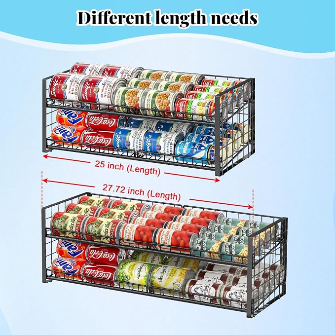 2-Tier Stackable Can Rack Organizer for Pantry Shelf, Long-Size Adjustable Can Holder for Kitchen Organization,Heavy Duty Can Dispenser for Canned Food Soup Goods up to 50 in Cabinet storage, Black