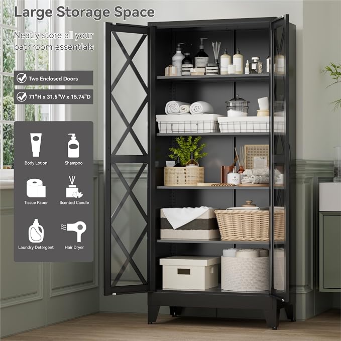 71" Tall Display Cabinet with Glass Doors, Farmhouse Metal Storage Glass Cabinet with 4 Adjustable Shelves, Black Vintage Tall Storage Cabinet for Collectibles,Curio, Books, Chinaware, Figures