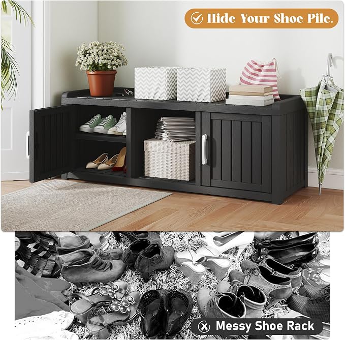 NUNU LAB Shoe Storage Cabinet, Waterproof Shoe Organizer with Adjustable Shelves, UV-Resistant Entryway Shoe Cabinet Bench with 2 Barn Doors for Indoor Outdoor, Foyer, Hallway, Living Room,Black