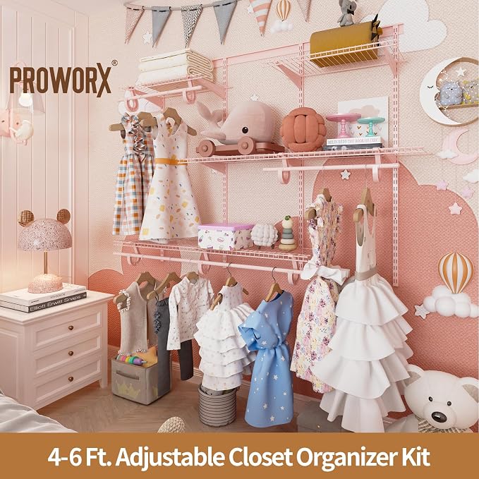 PROWORX 4-6 Ft. Pink Custom Insert Wire Closet Organizer System Kit | Adjustable Wall Mounted Metal Wire Closet Shelving System, Closet Shelves with Hanging Rods for Pantry Laundry Mudroom