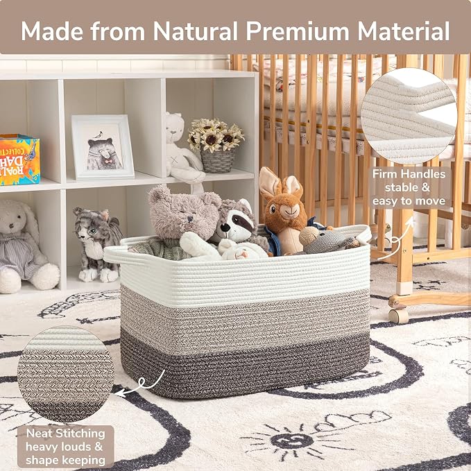 Goodpick Large Woven Blanket Basket, Rectangle Organizer, White Brown | 21.6 x 14.9 x 11.8 in, Reinforced Handles, Living Room, Bedroom & Nursery Organization, Blankets, Toys & Home Decor