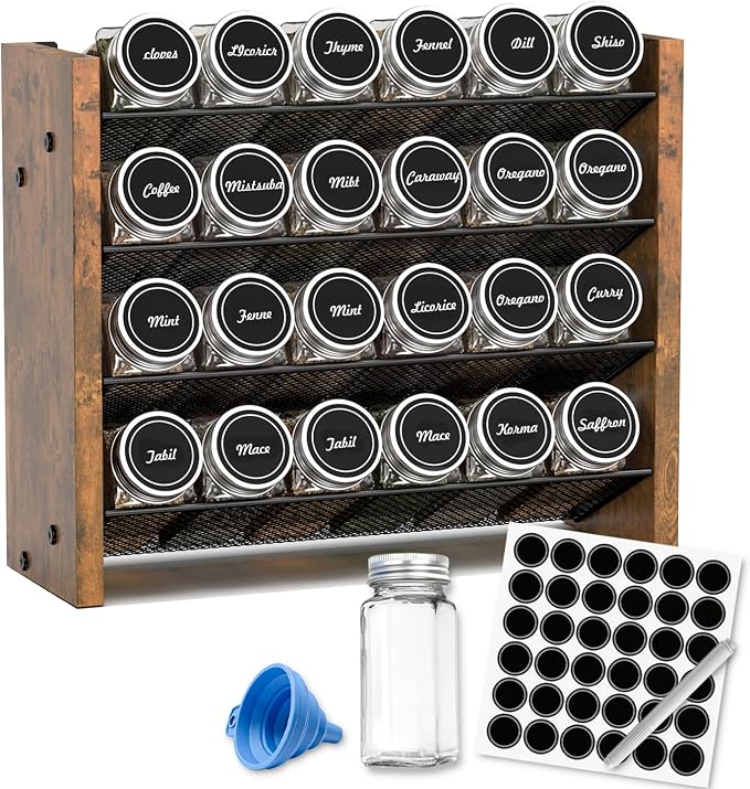 NESAPTO Spice Rack Organizer with 24 Glass Spice Jars, Wood 4-Tier Seasoning Organizer with Labels for Cabinet, Pantry, Countertop or Wall Mount, Chalk Marker and Funnel Set, 12.2" W × 9.4" H