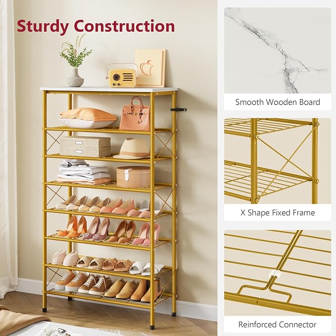 8 Tier Shoe Rack Organizer for 28-32 Pairs of Shoes, White & Gold | Sturdy & Durable, X Shape Fixed Frame, Metal Mesh Shoe Shelf, Industrial, For Closet, For Entryway Shoe Storage