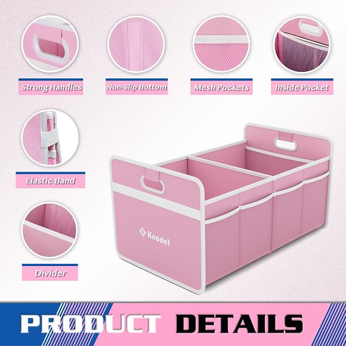 K KNODEL Foldable Trunk Storage Organizer for Car and Suv (Medium, Pink) | Collapsible Car Storage Organizer, Car Organizers and Storage for Sedan, Cargo Organizer, Car Bin, Basket,Bag, Organization