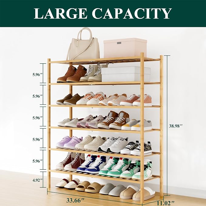 Smiry Bamboo Shoe Rack, 12 Vertical Slats, 6 Tier - 33.7" Wide, Natural | Stackable Free Standing Wooden Shoe Organizer, Wood Shoe Storage Shelf for Closet, Entryway
