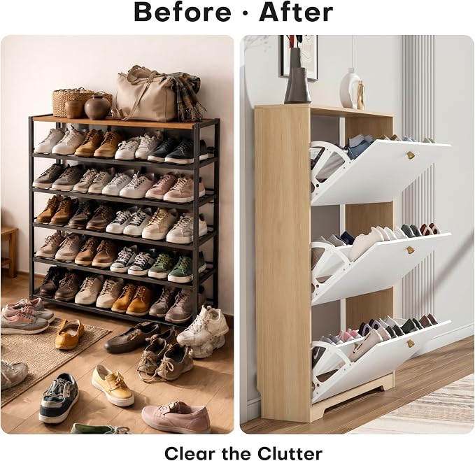 Nicetree Shoe Storage Cabinet with 3 Flip Drawers, Natural Oak and White | Narrow Shoe Organizer, Freestanding Shoe Rack Cabinet, Modern Shoe Storage Cabinet for Entryway, Hallway, Foyer, With Hook