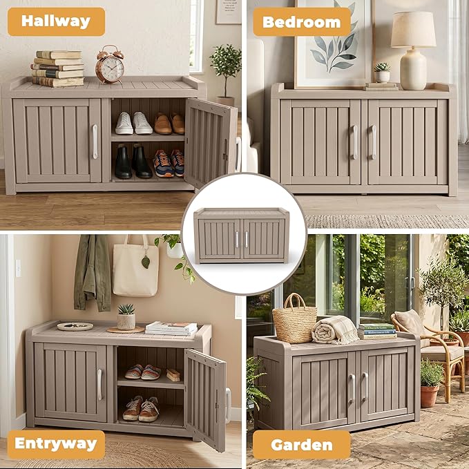 ROJIK Shoe Cabinet Waterproof UV-Resistant,Storage Bench Indoor Outdoor with Adjustable Shelves,for Entryway Bedroom,Hallway,Living Room(Double Door,Grey)