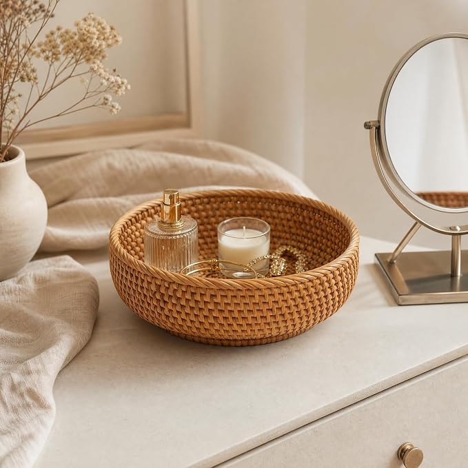 7.9" Small Round Rattan Basket - Wicker Organizer Basket, Handwoven Storage for Keys, Jewelry, Desk, Tabletop, Entryway Decorative Basket Boho Tray (S, 7.9" x 2.6")