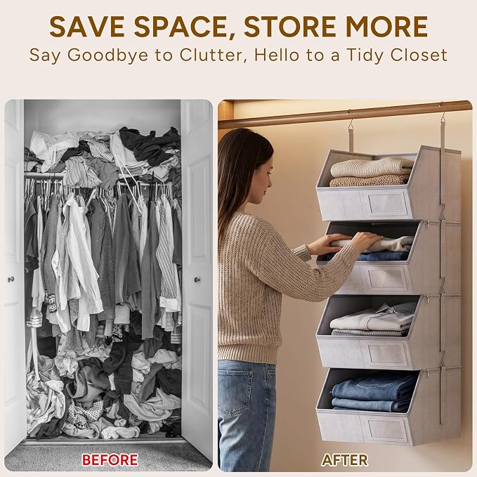 2 Pack 4-Tier Hanging Closet Organizer, Detachable Hanging Storage Shelves with Reinforced Side Panels, Hanging Closet Organizer for Clothes, Sweaters, Towels, Socks & Accessories, Gray