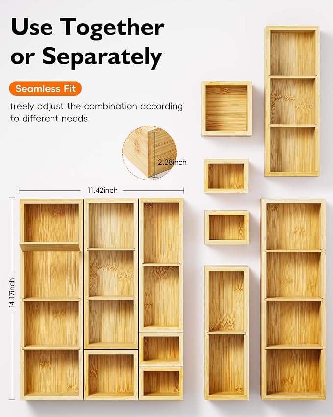 Bamboo Drawer Organizer Set, 6 PCS Desk Drawer Organizer Trays with 12 Compartments, Wood Storage Boxes for Junk Drawer, Kitchen Utensils, Office Supplies, Makeup, Jewelry, Bathroom