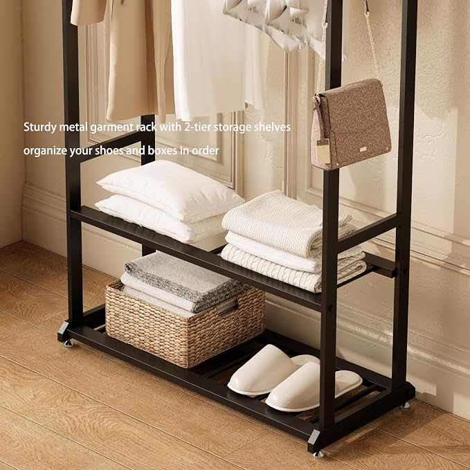 Sturdy metal clothes rack,Black freestanding clothing rack with bottom shelves and 6 side hooks,garment rack for hanging clothes,Wardrobe rack for Bedroom or cloakrooms