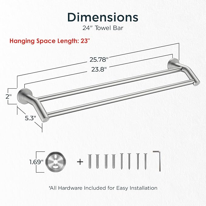 FORIOUS Double Towel Bar 24", Bathroom Towel Holder Rod Brushed Nickel | Heavy Duty Towel Racks for Bathroom Bedroom, Space Saving, Rustproof, Stainless Steel Towel Holder, Total Length 26 Inch
