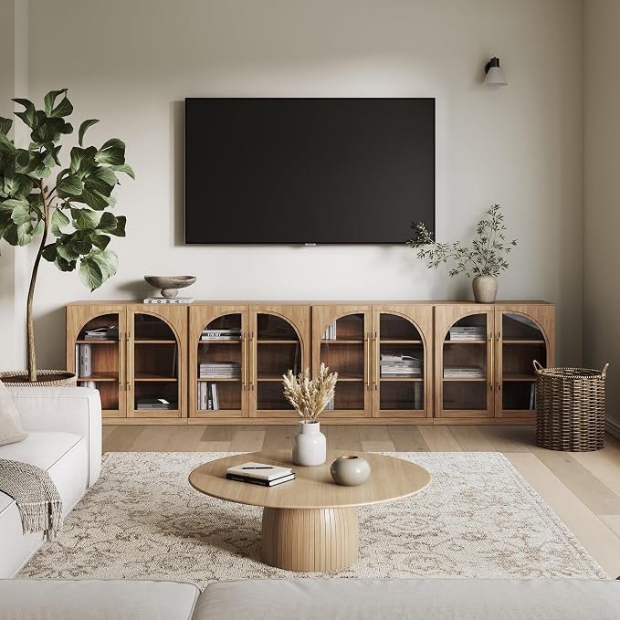 BELLEZE 4-Piece Modular TV Stand Set -Modern Entertainment Center with Arched Glass Doors,Sideboards with Adjustable Shelves,Classic Media Console Table Cabinet for Living Room (Camel)