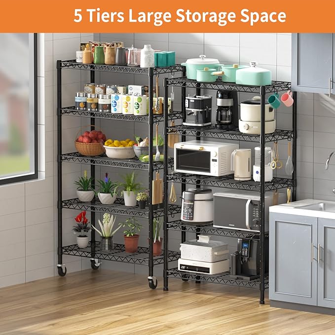Hodonas Wire Shelving, 1900lbs Capacity 5 Tier Heavy Duty NSF Wire Shelf with Rolling Wheels Black Metal Storage Shelves Adjustable Wire Rack Unit 36"W x 14"D x 72"H for Kitchen Bathroom Garage Closet | 5 Tiers, Adjustable Metal Shelves, with Leveling ...
