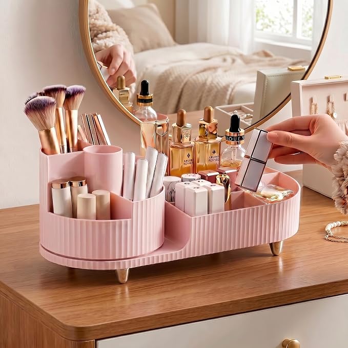 Booklov Rotating Makeup Organizer for Vanity Countertop, Pink | Plastic Cosmetic Display Case, Large Beauty Brush Holder for Bathroom Counter, Skin Care Perfumes Storage