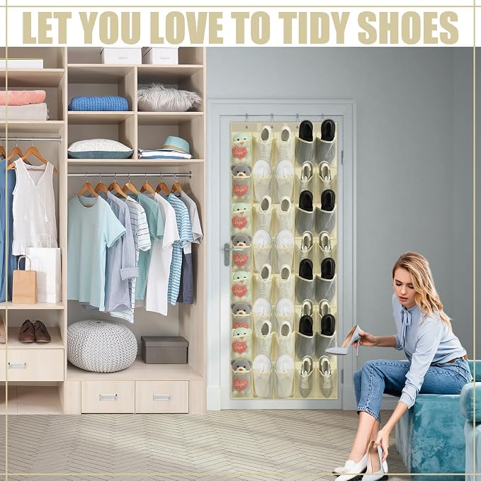 Windyun 40 Pocket Over The Door Shoe Organizer, Large Breathable Mesh Hanging Shoe Rack for Closet, Space Saving Shoes Storage Holder Hanger for Dorm Room Bathroom Bedroom Entryway(Beige)