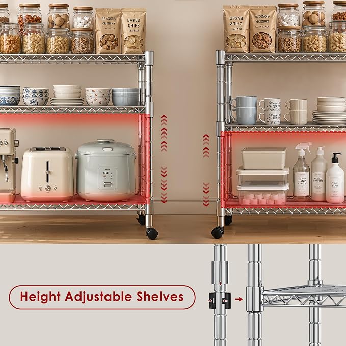 Heavy Duty 3-Shelf Shelving Unit, 24.02" W x 13.78" D x 21.97" H Chrome Steel Storage Rack with Wheels, 2 PP Shelf Liners and Hooks, Adjustable Under Desk Organizer for Kitchen, Office, Garage