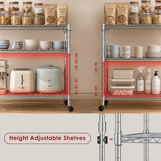 Heavy Duty 3-Shelf Shelving Unit, 24.02" W x 13.78" D x 21.97" H Chrome Steel Storage Rack with Wheels, 2 PP Shelf Liners and Hooks, Adjustable Under Desk Organizer for Kitchen, Office, Garage