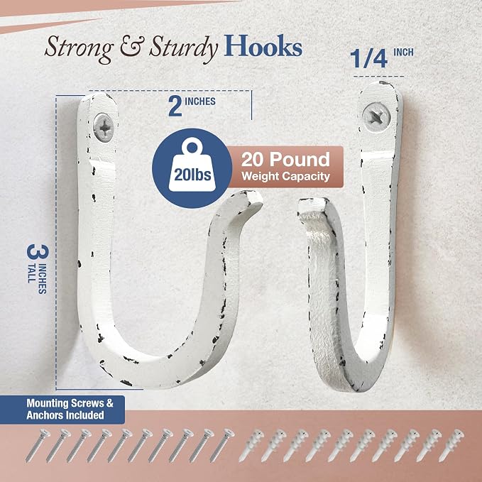 Rustic Antique White Railroad Spike Cast Iron Hooks (10 Pack) Handmade Blacksmith, Wall Mounted Decorative Hooks, PowderCoated for Interior or Exterior Use, Rust Proof for Hanging Coats, Bags or Pots
