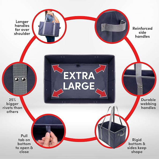 BAG-THAT! 4pk Reusable Grocery Bags Shopping Bags Tote Box Large Heavy Duty Groceries Bag Handles Foldable Reinforced Bottom (Navy Blue/Gray)