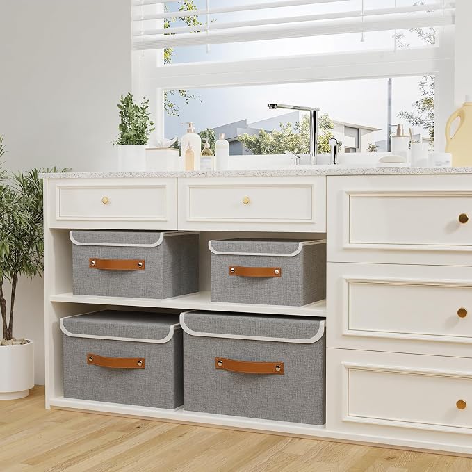 OUTBROS Storage Boxes, Bins with Lids, Grey, 3 Pack 10.2x7.9x6.7in | Cotton and linen cloth Storage Baskets with Handle, for Books, Closet, Bedroom, Home