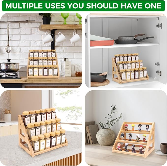 Spice Rack, Spice Organizer -3 Tier Bamboo Spice Racks, Solution for Spice Storage in Kitchens, Countertops，Storage Rooms and Other Places