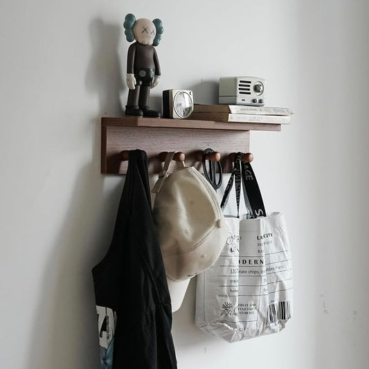 Entrance Coat Rack ，Coat Hooks, Wall-Mounted Wooden Hook Rack, Wall-Mounted Shelves are Very Suitable (Teak Colored Finish—A-1)