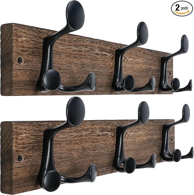WEBI Coat Rack Wall Mount,17" Solid Wood Coat Hooks Wall Mounted Coat Hanger,16" Hole to Hole,Heavy Duty Hook Rack Rail,3 Triple Hooks for Hanging Coats,Jacket,Clothes,Hat,Weathered Brown,2 Packs