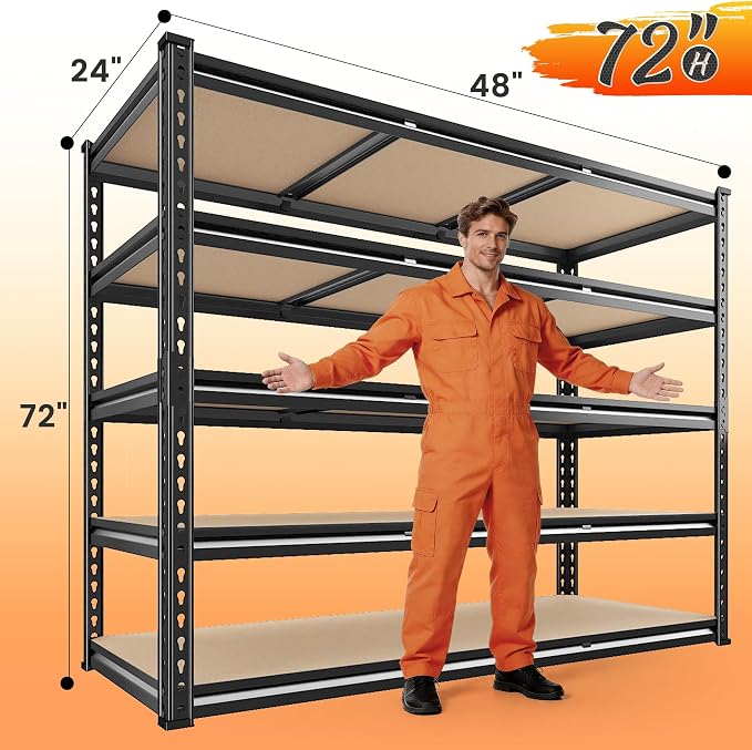 REIBII 48" W Garage Shelving 3080LBS Storage Shelves 5 Tier Industrial Shelving Adjustable Metal Storage Shelves for Garage, Basement, Warehouse, Commercial, Easy Assemble, 48" W x 72" H x 24" D, 3PC