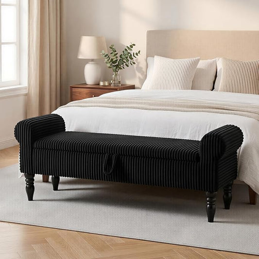 60" Storage Bench for Bedroom,End of Bed Bench with Storage | Corduroy King Size Bench with Rolled Arms,Storage Ottoman Benches for Living Room,Entryway,Benches for Foot of Bed,Black