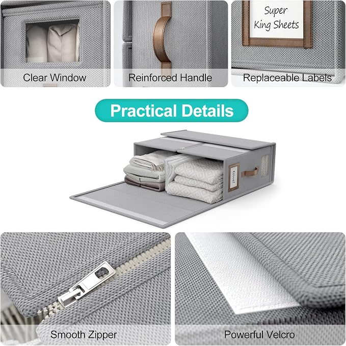 6 Pack Foldable Bed Sheets Set Organizers and Storage(Cal King Size),Linen Fabric Closet Organizers with Window,Folding Bedding Storage Box for Bedsheets and Pillow Cube Organizer-Gray