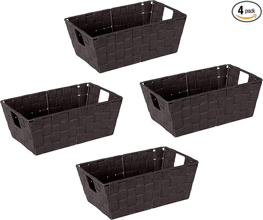 Simplify Small Shelf Woven Strap Tote | Decorative Storage Basket | Built in Handles | Organization | Closet | Bedroom | Bathroom | Nursery | Accessories | Toys | Gifts | 4 Pack | Chocolate