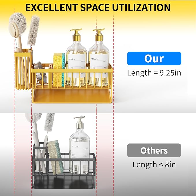 Cisily Lemon Yellow Sink Caddy Organzier with High Brush Holder, Sponge Holder for Sink, 304 Rustproof Stainless, Kitchen Countertop Soap Dispenser Organizer, Lemon Kitchen Decor and Accessories