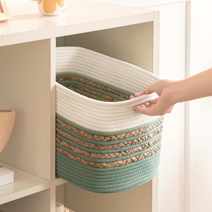 UBBCARE 2 Pack Baskets for Organizing, Woven Storage Baskets for Toys and Towel, Rectangle Cotton Rope Basket with Handles, 14''L x 8''W x9''H, Green