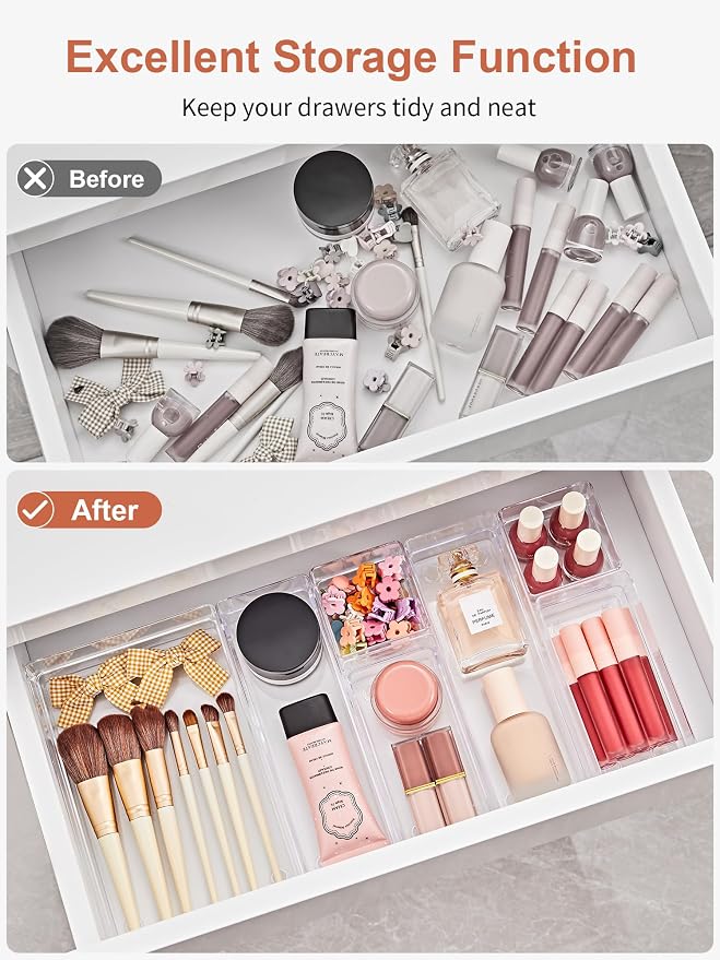 SMARTAKE 37 PCS Drawer Organizer 4 Size Desk Makeup Drawer Organizer Clear | Storage Trays with Non Slip Silicone Pads for Makeup , Jewelries, Utensils in Bedroom Dresser, Office, Kitchen and Bathroom