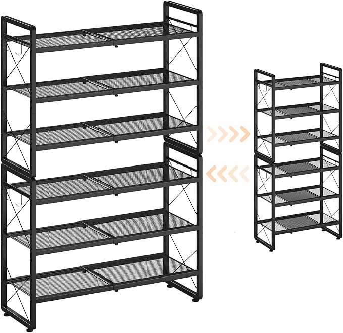 ELYKEN Expandable Shoe Rack for Closet, 6-Tier Metal Black Shoe Organizer | Adjustable Height Shoe Shelf for Boots, Heels, with 8 Hooks, Stackable Shoe Stand Holder for Entryway, Garage, Door Entrance