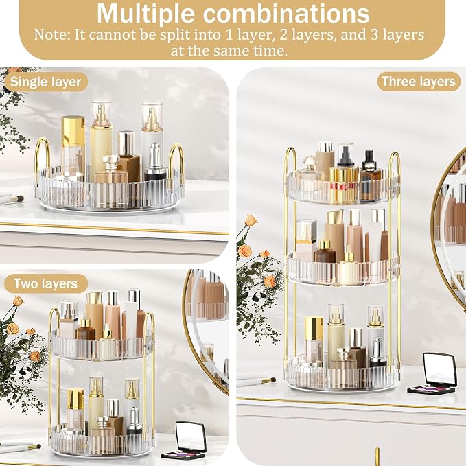 MOKANI 360 Rotating Makeup Organizer for Vanity, 3 Tier Perfume Organizer | Adjustable Multi-Function Spinning Cosmetics Skincare Storage for Bedroom, Dresser, Countertop, Clear