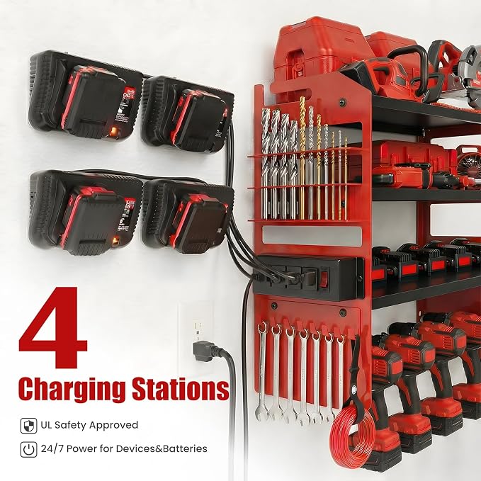 Power Tool Organizer Wall Mount, Includes Power Strip, RED | Heavy Duty 600 Lbs Metal Tool Storage Rack, 4-Tier Garage Drill Holder & Workshop Battery Management Station
