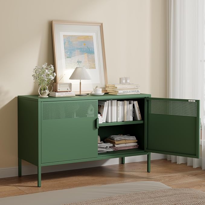 Metal Storage Cabinet with 2 Doors & Adjustable Shelves, Green | 25"H Accent Cabinet, Metal Locker Storage Cabinets, TV Stand Cabinet for Home, Office, Living Room, Entryway