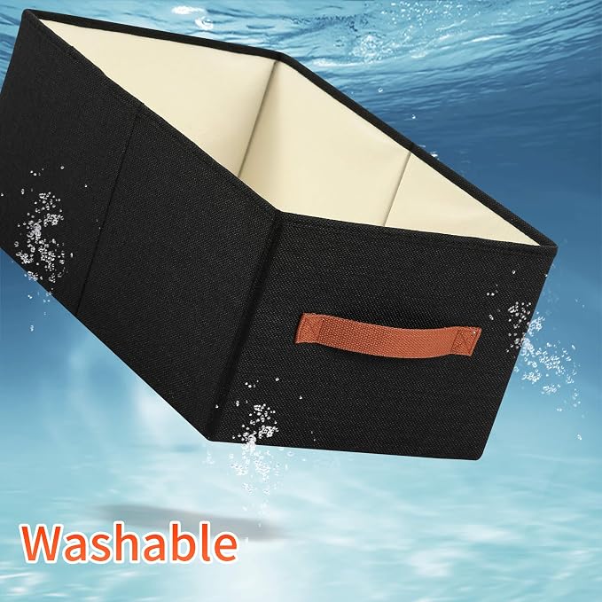 linen closet organizers and storage, 3 Pack Large Storage Baskets, Washable, Clothing Storage Bins with Handle, Closet Organizer for Storage Sweater,Sheets (Black, 16" x9½x6¾)