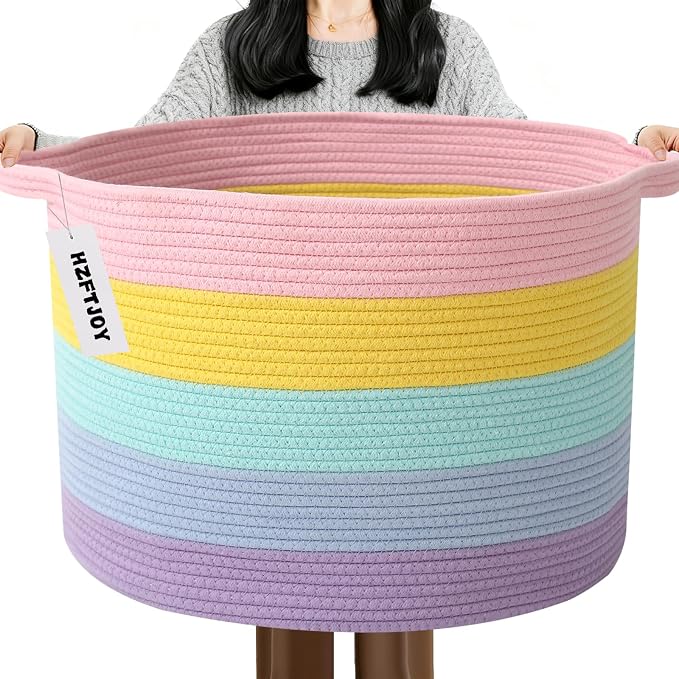 65L Large Blanket Basket,Woven Rope Laundry Basket-Colorful | Collapsible, reinforced handles, nursery storage bin organizes clothes, toys and pillows for living room, bedroom bathroom