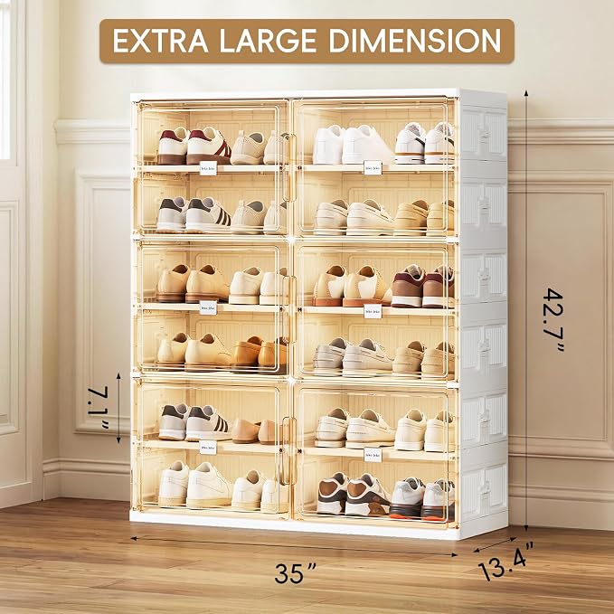 JEKO&JEKO 6 Tiers Foldable Shoe Rack Organizer Cabinet for Closet Entryway, Large Collapsible Shoe Storage Box with Magnetic Doors Fits Up to 24 Pairs (White)