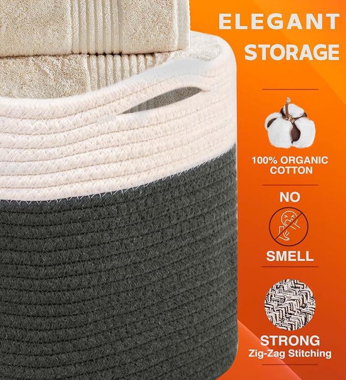 CHAT BLANC Cotton Rope Baskets for Organizing, Shelves, Toys, Storage, Shoe, Bathroom, Laundry, Towel, Nursery, Home Decor, Blanket, Cloth Woven Bins Fabric (Creamy White & Graphite, 15"x10"x9")