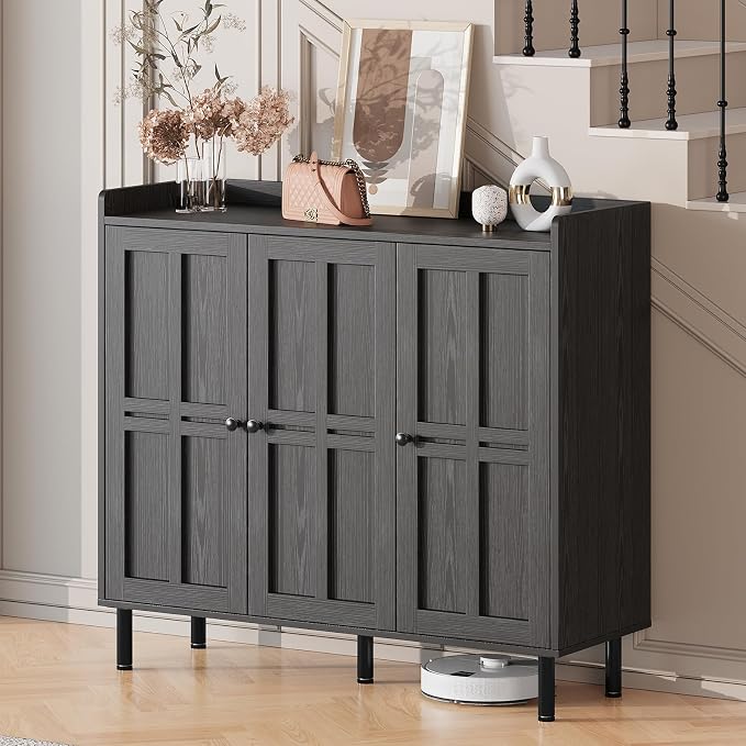 Shoe Storage Cabinet with 3 Doors, 8-Tier Shoe Cabinet with 5 Adjustable Shelves and Metal Legs, 40'' Tall Shoe Rack Organizer Cabinet for Entryway, Front Door, Black