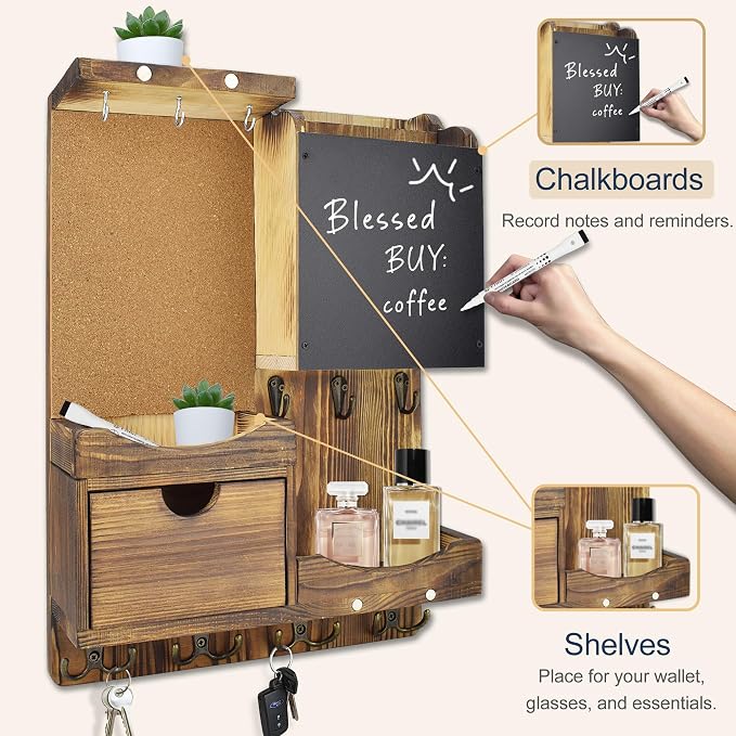 Key Holder Wall Mount， Mail Organizer Key Holder for Wall with Shelf, Drawer, Chalkboard, Corkboard, Home Decor Wall Mounted for Room Entryway(Natural Wood)
