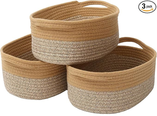 JMvicyroam Small Woven Basket, Empty Gift Basket, Jute&Brown/3 Pack | Small Gift Basket, Cotton Rope, 12 x 8 x 77 in, Handles, Includes Ribbon and Bag, Birthday Gift Basket
