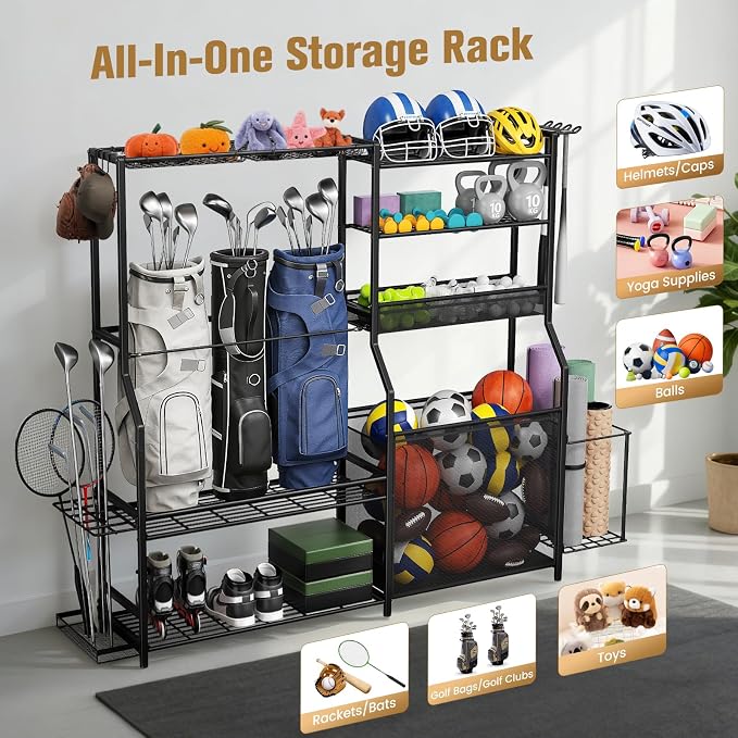 Garage Sports Equipment Organizer, 3 Golf Bag Organizer Stand Heavy-Duty Ball Storage Rack with Basket and Hooks, Ball Storage Cart for Toy Sports Gear Storage, Black