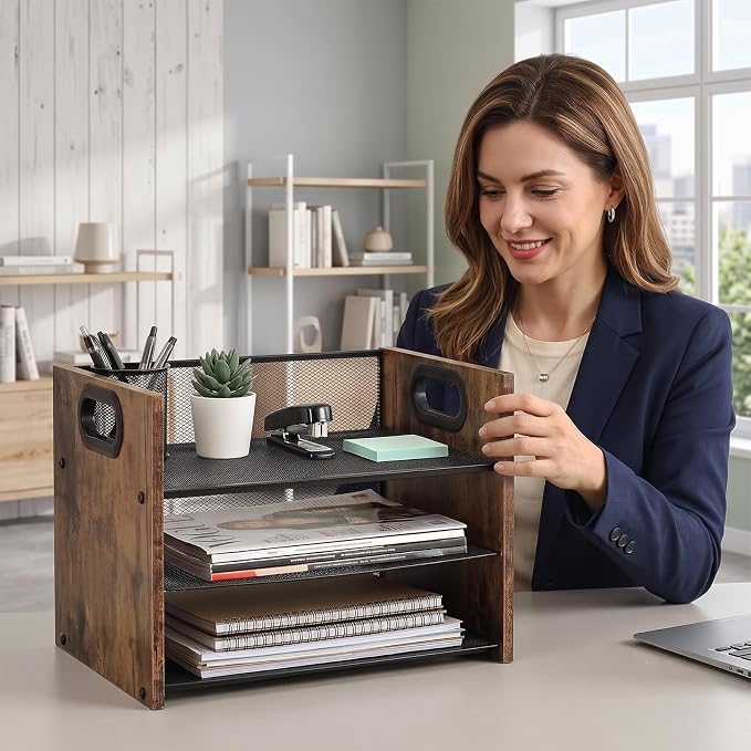 Desk Organizer - 3 Tier Wood & Metal Mesh Desktop Organizer for Office, Home, School, Workspace, Office Desk Organzier for Papers, Mail, Notebooks, Stationery