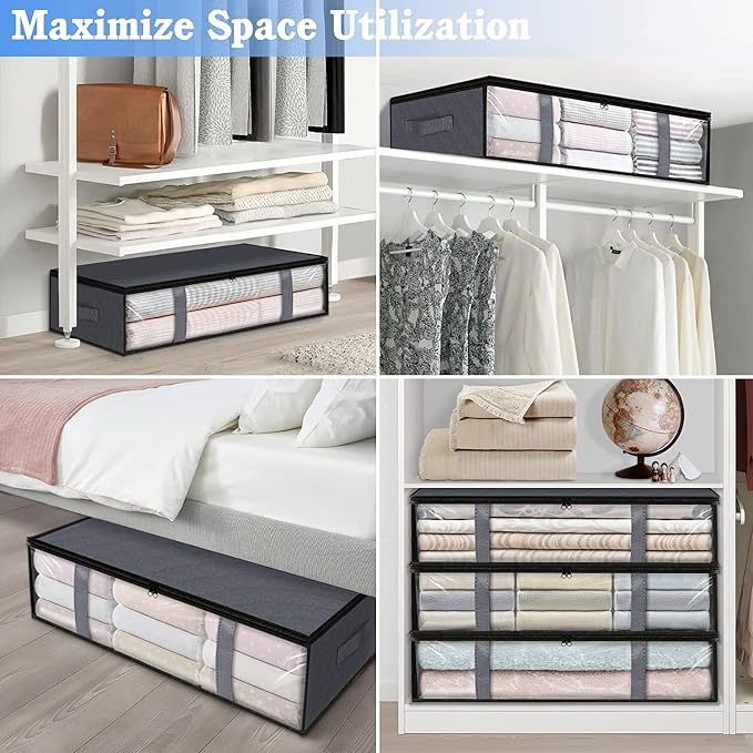 Under Bed Storage Containers, 4-Pack Large Capacity Underbed Storage Bags Organizer, Thick Fabric Storage Bins with Clear Window and Handles for Blanket, Comforter, Bedding, Clothes, Gray