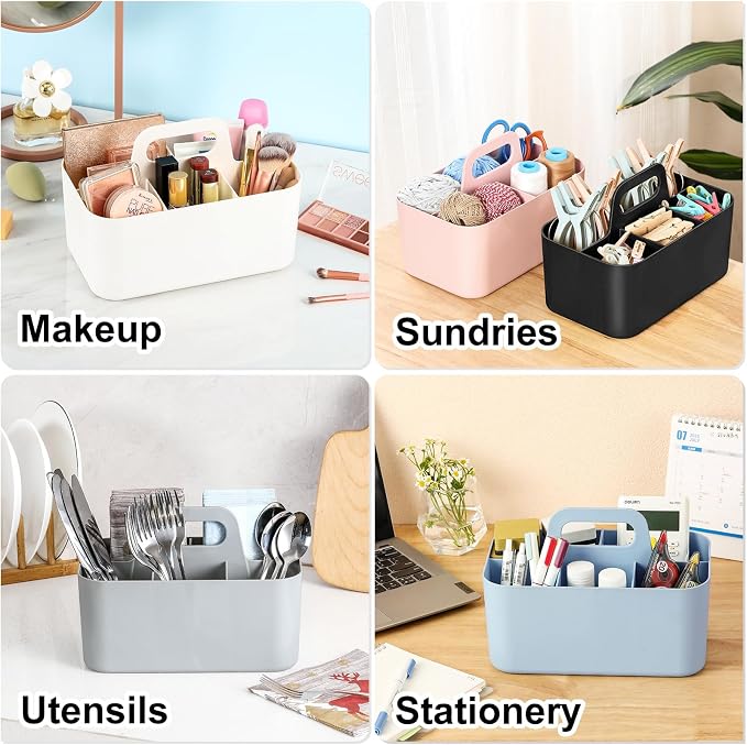 Multiuse Caddy Organizer with Handle, Portable Divided Plastic Tote Bin - Art Craft, Stationary Pen Marker Crayons, Makeup Hair Supplies Storage - Bathroom, Classroom, Dorm, Office, Desk Holder -Black